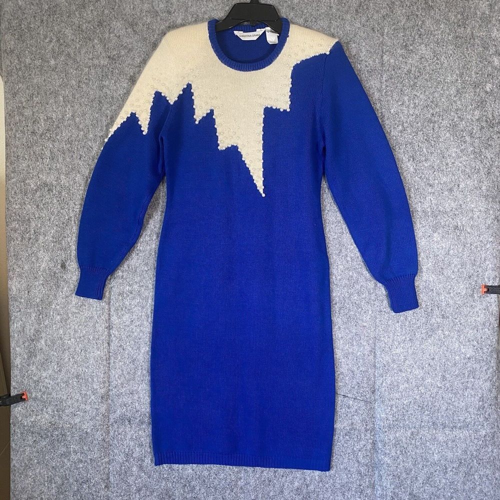 Christina Grant Angora Sweater‎ Dress Womens Medium Vintage 80s Blue White Shark